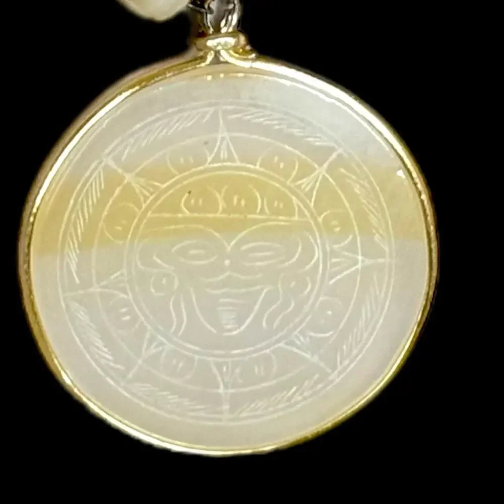 Vintage Carved Aztec Sundial Pendant Mexican Sun White Agate Etched Necklace